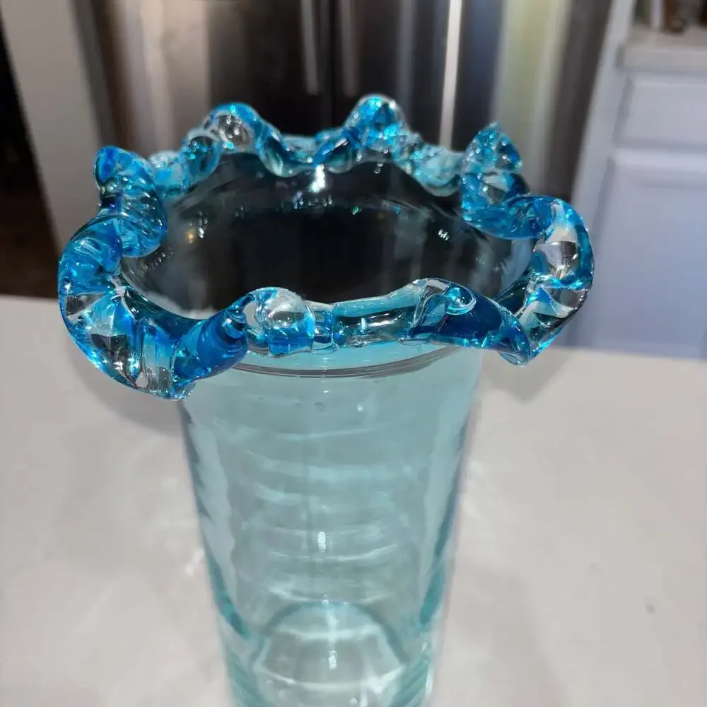 Vintage Hand Blown Ruffled Ocean Blue Crest Vase 12”